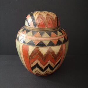 VTG Brass Cloisonne Ginger Jar / Urn w/ Lid & Geometric Hand Painted Pattern